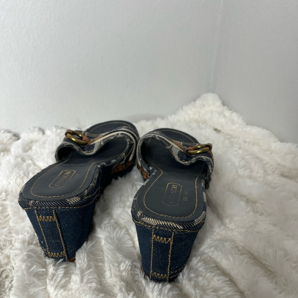 Coach Blue and Brown Wedge Sandals with Elegant Buckle - Picture 6 of 8